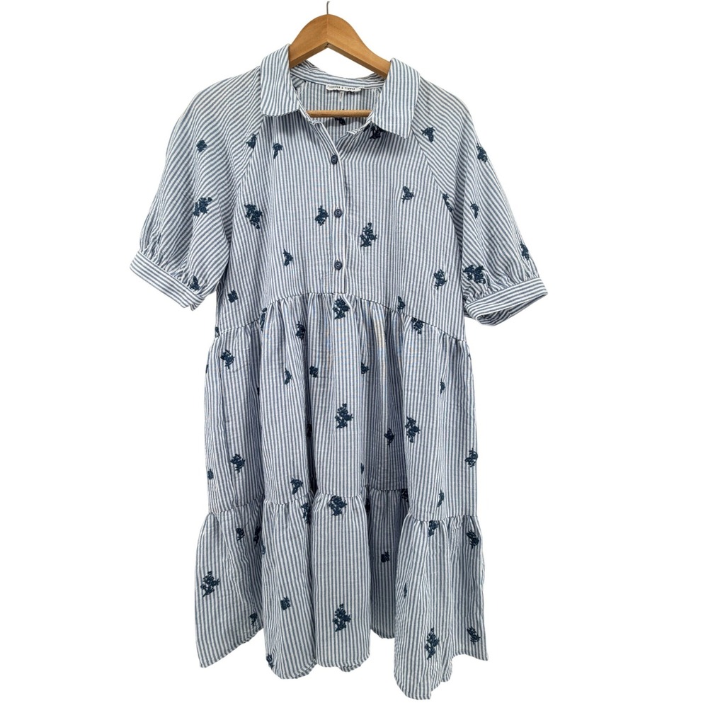 Figueroa & Flower Womens Blue White Striped Embroidered Tiered Babydoll Dress M